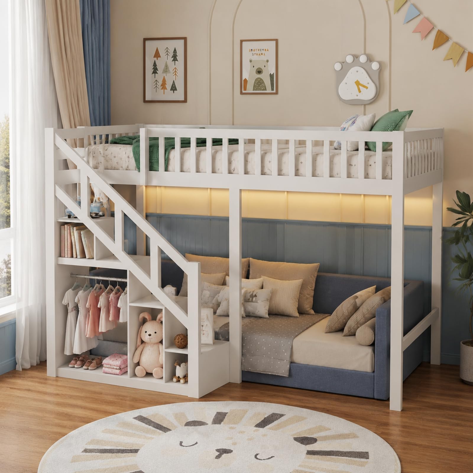 Hochbett 90x200 cm, Etagenbett mit Treppe und Rausfallschutz, Kinderbett mit Aufbewahrungsschrank, Funktionsbett Kinderhochbett Stockbett mit Lattenrost, Spielbett für Jungen Mädchen
