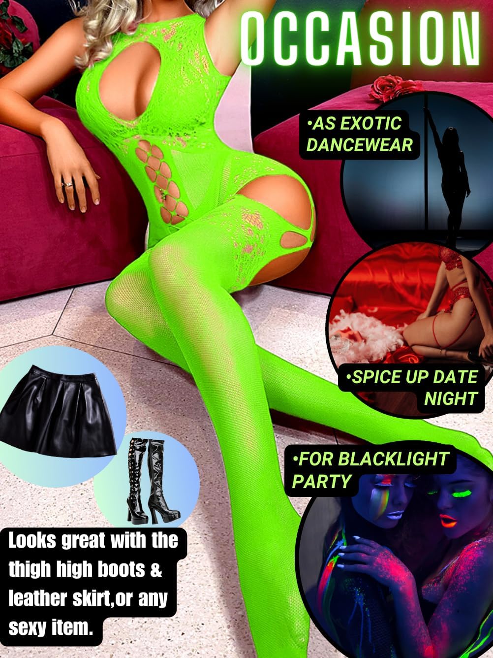 Women Body Stockings Sexy, Exotic Dancer Fishnets Lingerie Glow Party, Fishnet Bodysuit Rave Outfits Club Plus Size - Image 4