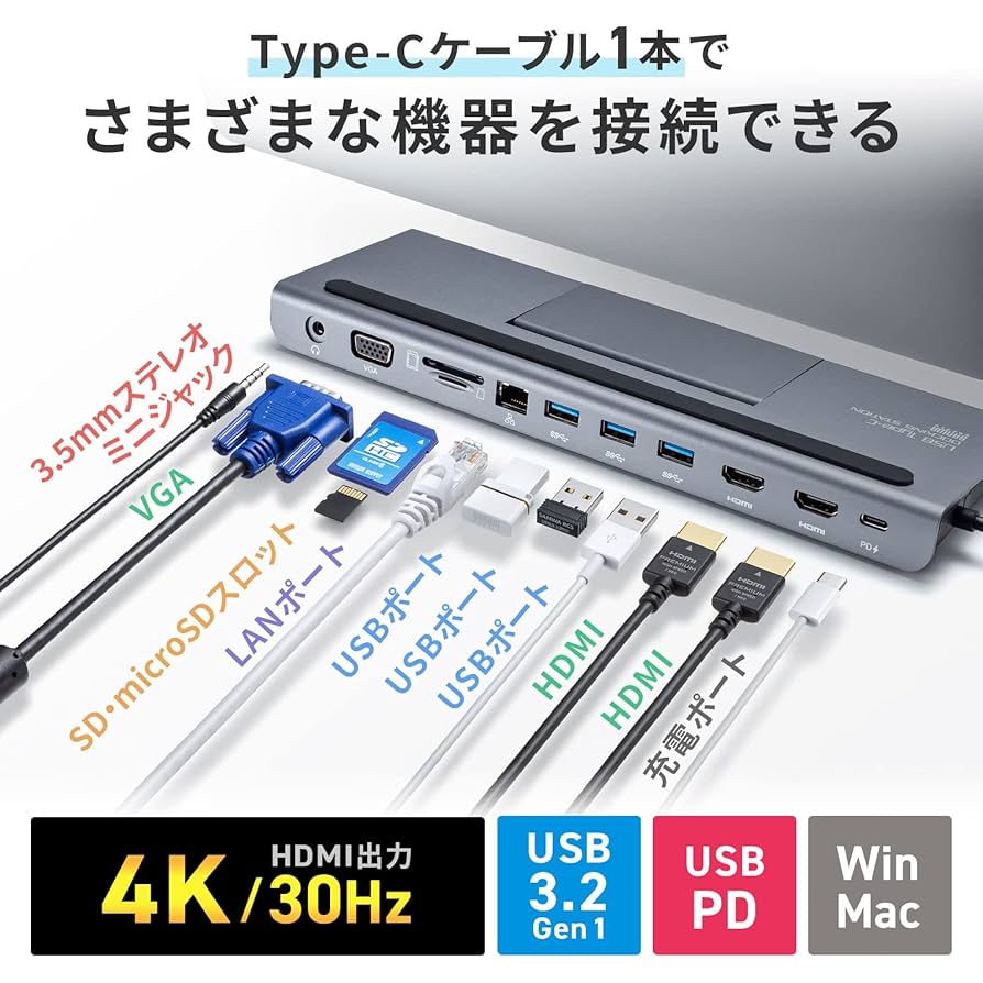⭐️ USB3.0接続ドッキングステーション HDMI/VGA GbEポート 即納 USBハブ ドッキングステーション USB3.0 11ポート Win対応