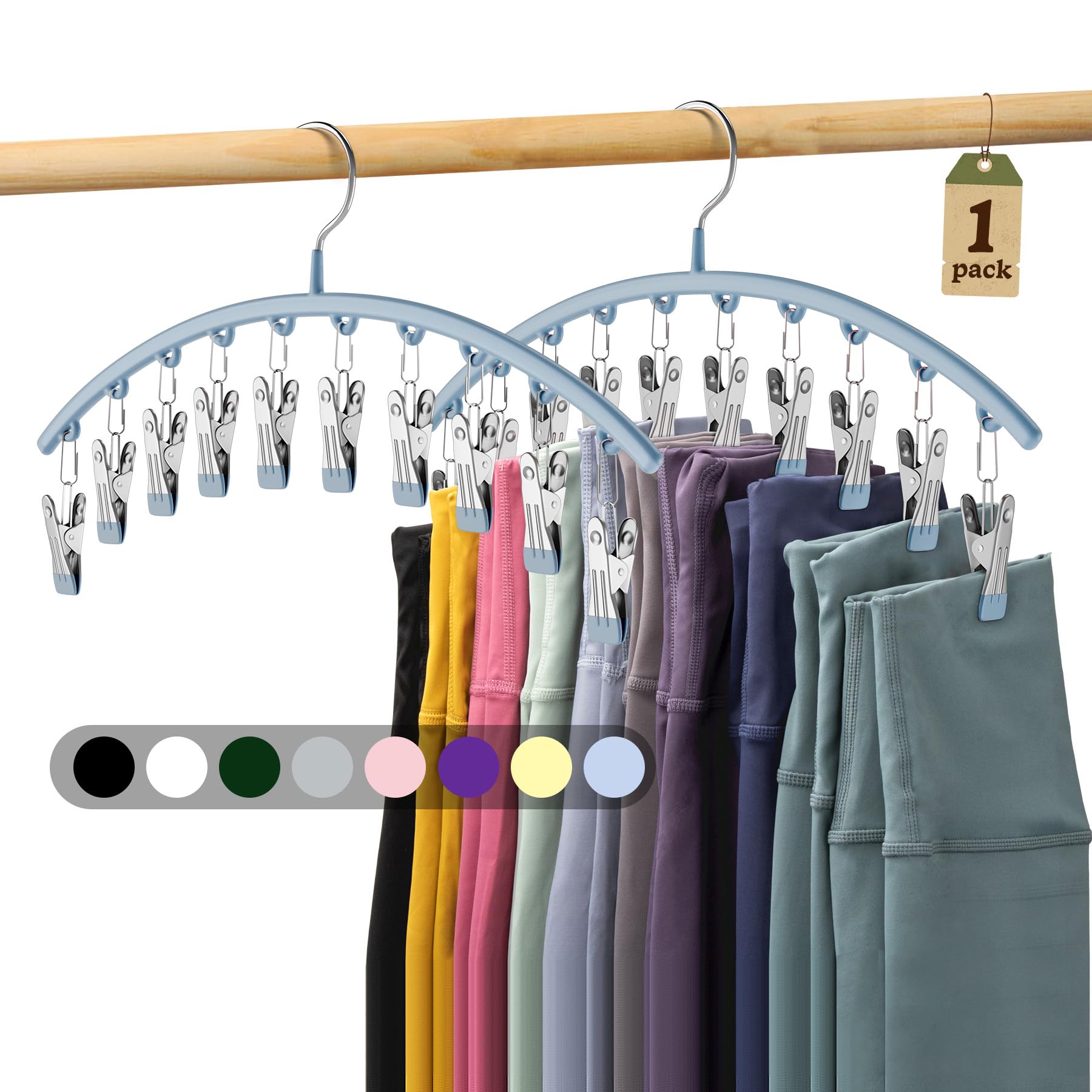 Volnamal Legging Organizer for Closet, Metal Yoga Pants Hanger w/Rubber Coated 1 Pack w/10 Clips Hold 10 Leggings, Hangers Space Saving Hanging for Closet Organizers and Storage-Blue
