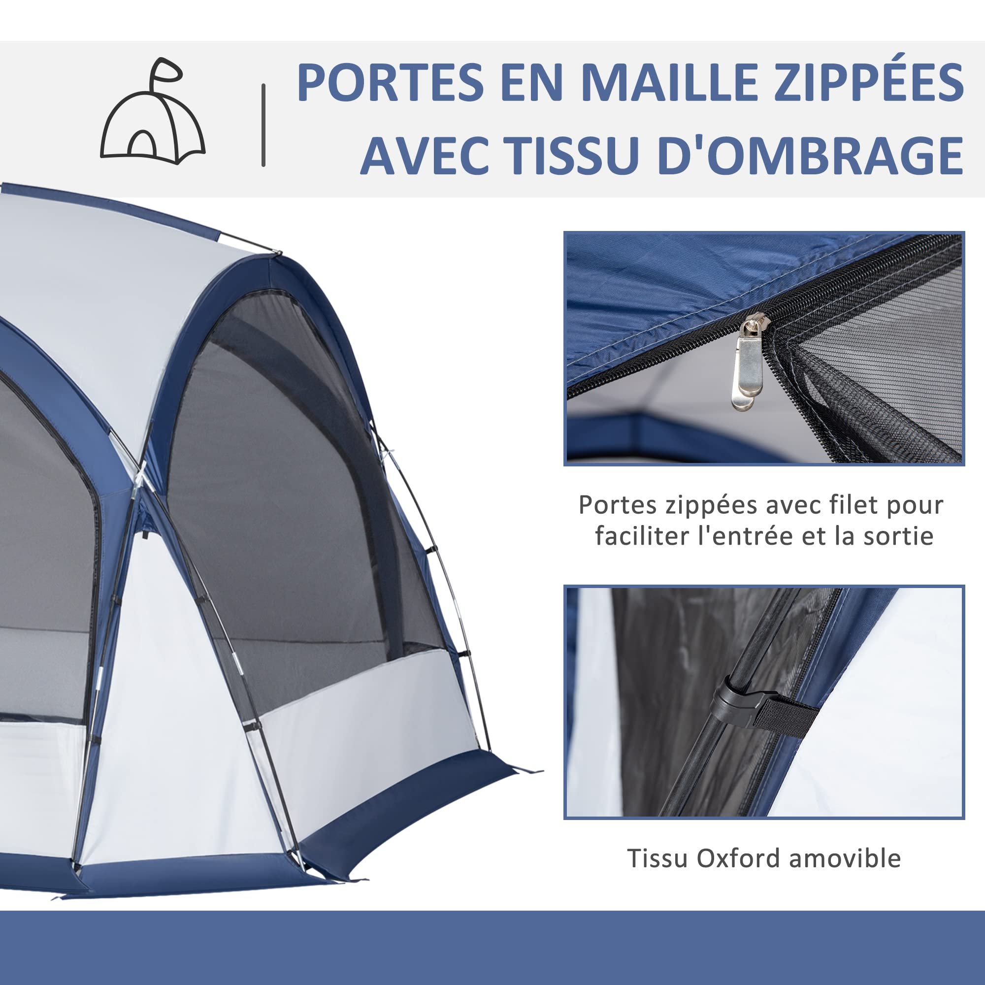Outsunny Tente de Camping dôme familiale pour 6-8 Personnes avec 4 Portes en Filet zippées, Tissu Oxford Amovible, Crochet pour Lampe, Sac de Transport dim. 350L x 350l x 230H cm - Blanc et Bleu