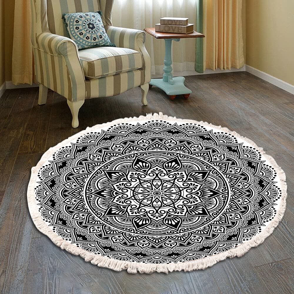 Morbuy Water Lily Round Area Rug Carpet Handmade Rug, Machine Washable Indian Floor Mats With Tassels Hand Woven Printed Kitchen Runner For Bedroom Living Room (80Cm,)