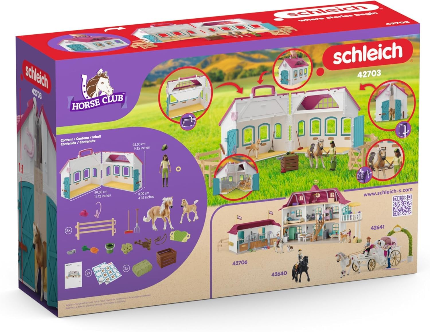 schleich HORSE CLUB | Przenośna stajnia „Podkowa” 42703 | Zestaw ze stajnią, 2 końmi, ruchomą figurką & akcesoriami | Idealny prezent dla dziewczynek i chłopców | Zabawka od 5 lat | 60 elementów