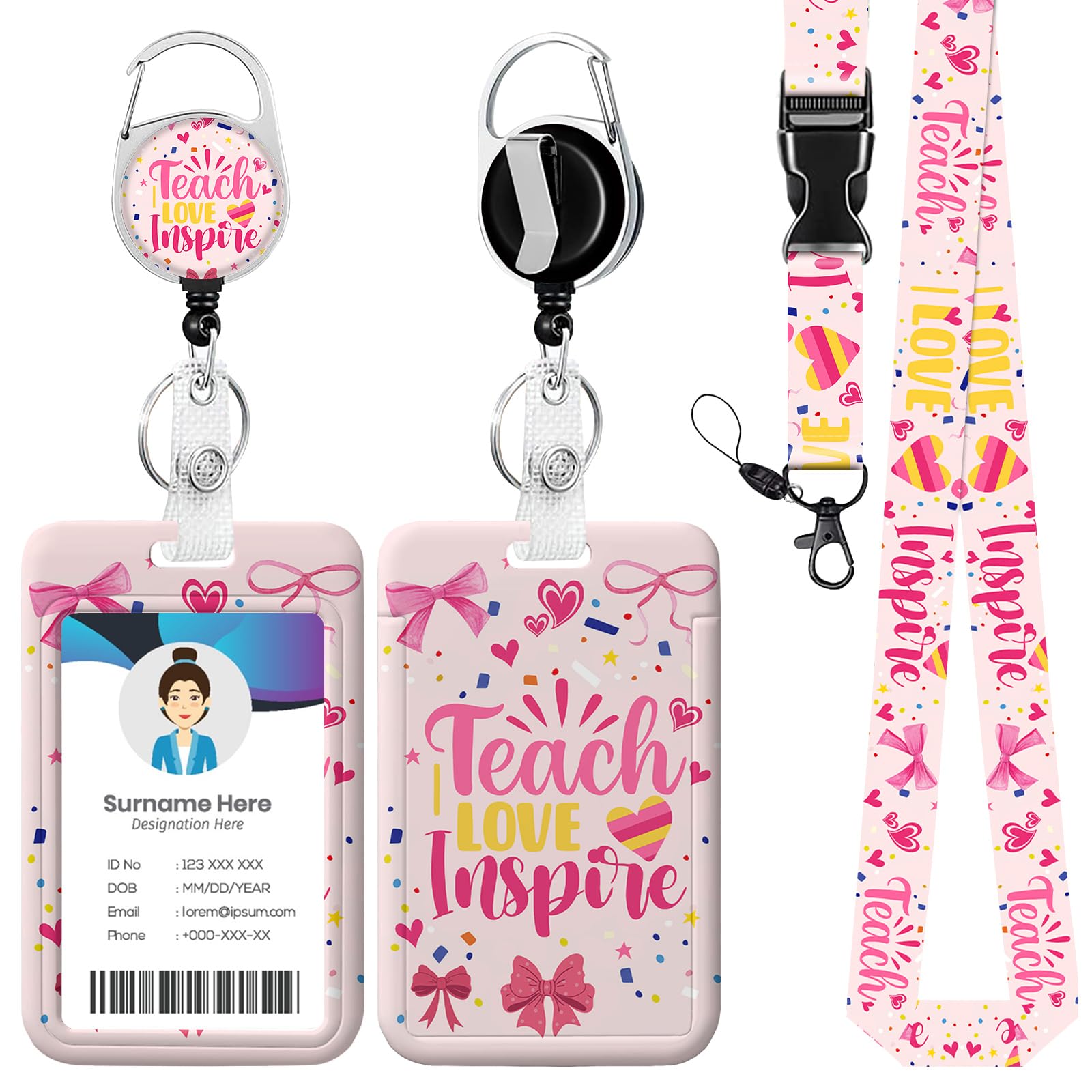 Teacher ID Badge Holder with Lanyard, Retractable Lanyards for Pink Bows ID Badges Name Tag Clips, Funny Nurse Teacher Office Student Gift