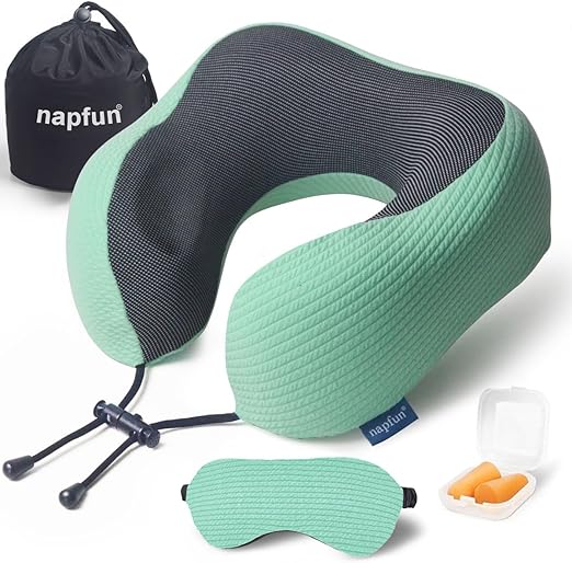 napfun Neck Pillow for Traveling, Upgraded Travel Neck Pillow for Airplane 100% Pure Memory Foam Travel Pillow for Flight Headrest Sleep, Portable Plane Accessories, Striped Turquoise