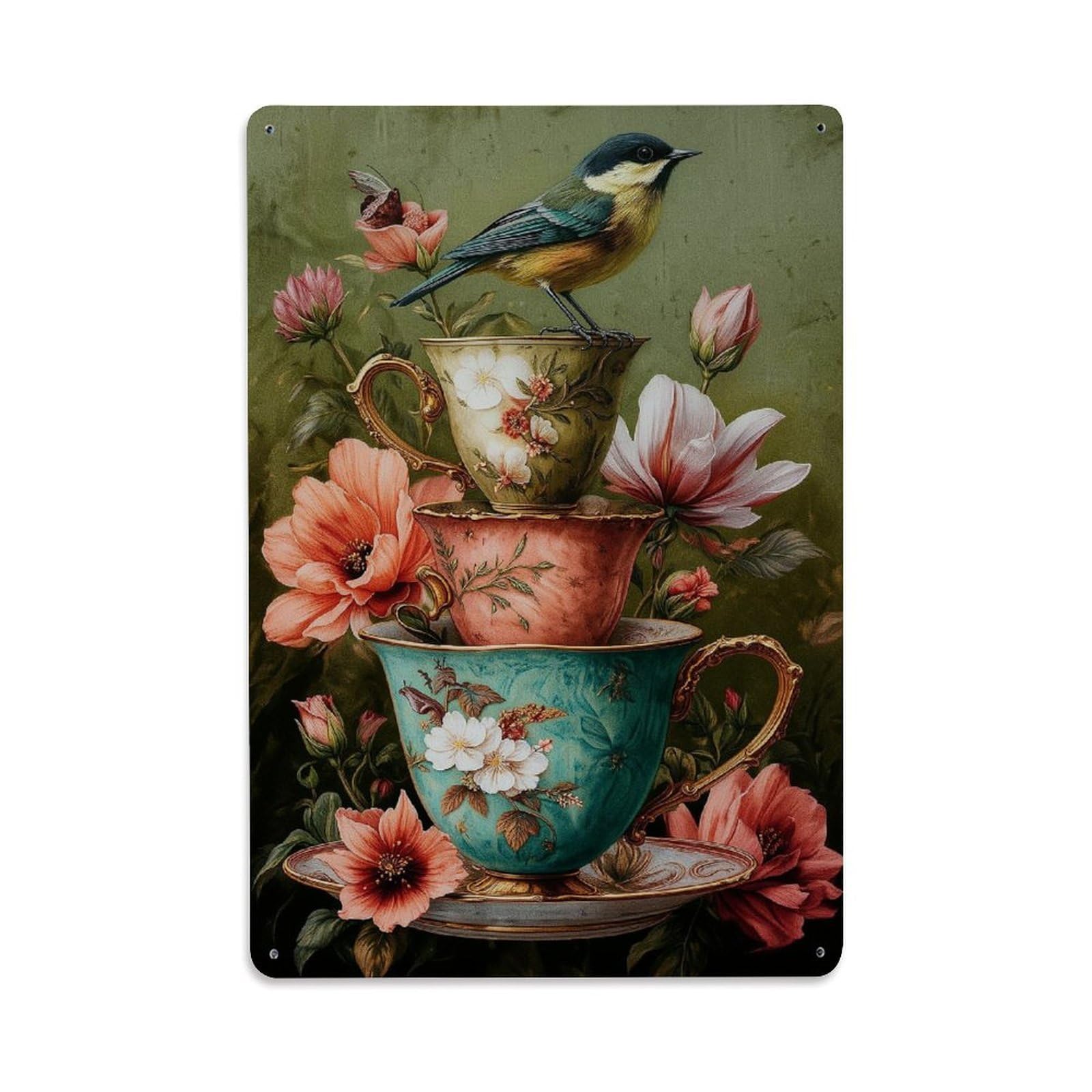Floral Bird Teacup Stack Pattern Vintage Tin Sign Retro Metal Wall Decor Metal Poster, Home Bar Garage Farmhouse Cafe Wall Art Decoration 8x12Inches