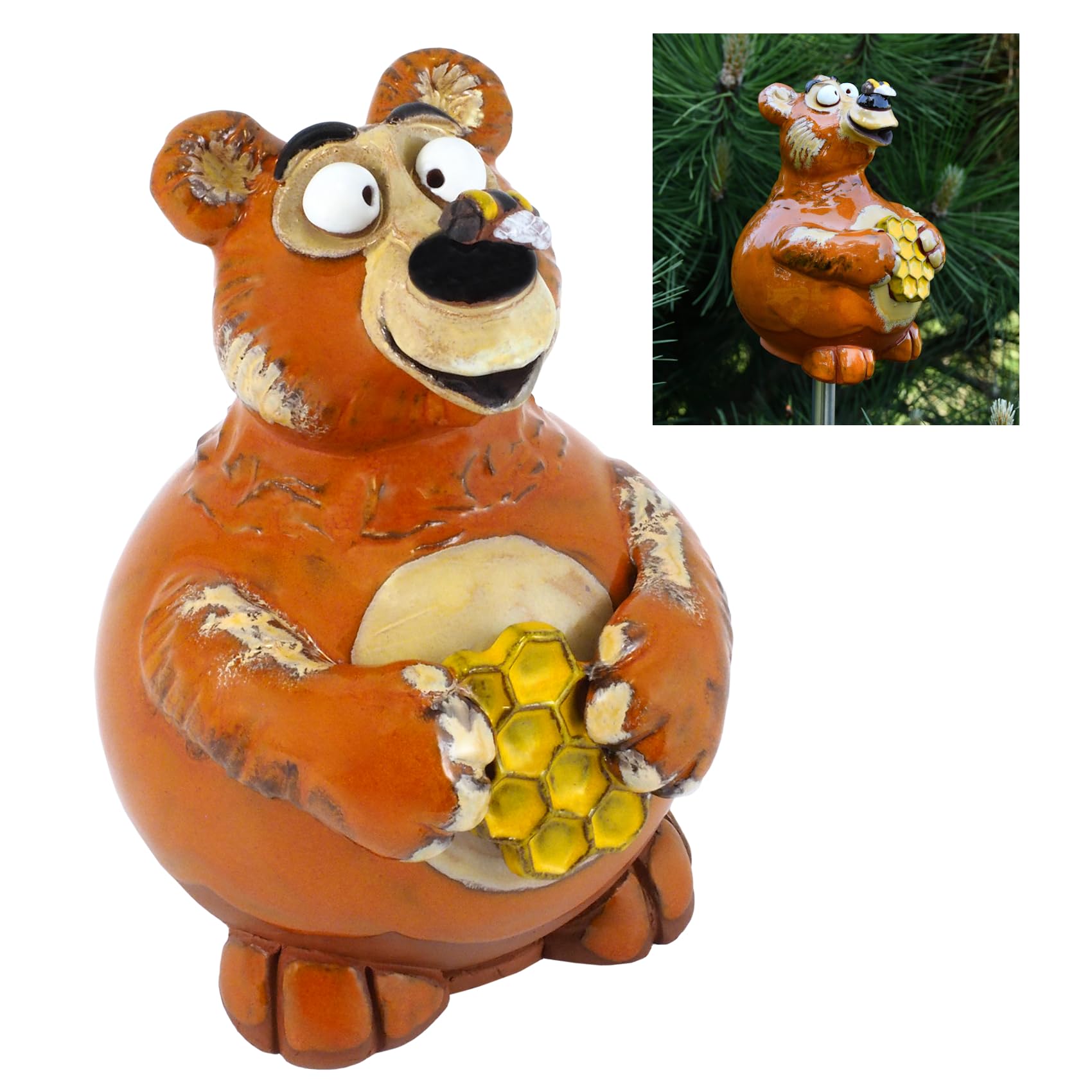 Gartenstecker Keramik Handgefertigt - Gartendeko für Draußen Wetterfest - Garten Deko Keramik - Gartenfiguren & Gartenstatuen - Teddybär mit Honigtopf