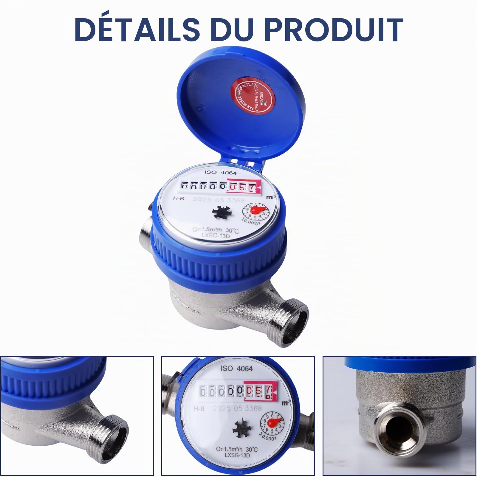 Compteur d'eau de jardin 1/2 pouce calibré, compteur d'eau froide avec accessoires de montage et couvercle de protection, 0-40 ℃ 1,5 m³/h, matériau fer/ABS, affichage numérique et aiguilles, pour la