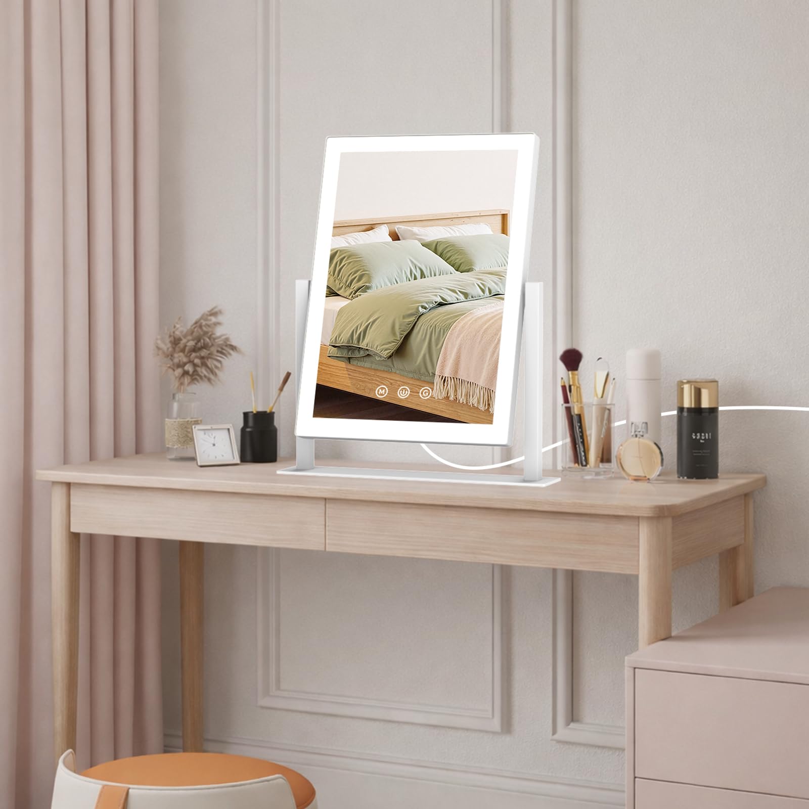 AIMAX Miroir Coiffeuse de Maquillage Lumineux, 27,5 x 37,5 cm, Rotation à 360°, Miroir cosmétique avec LED, 3 Modes d'éclairage et intensité Variable, contrôle Tactile, Miroir de Table pour Coiffeuse