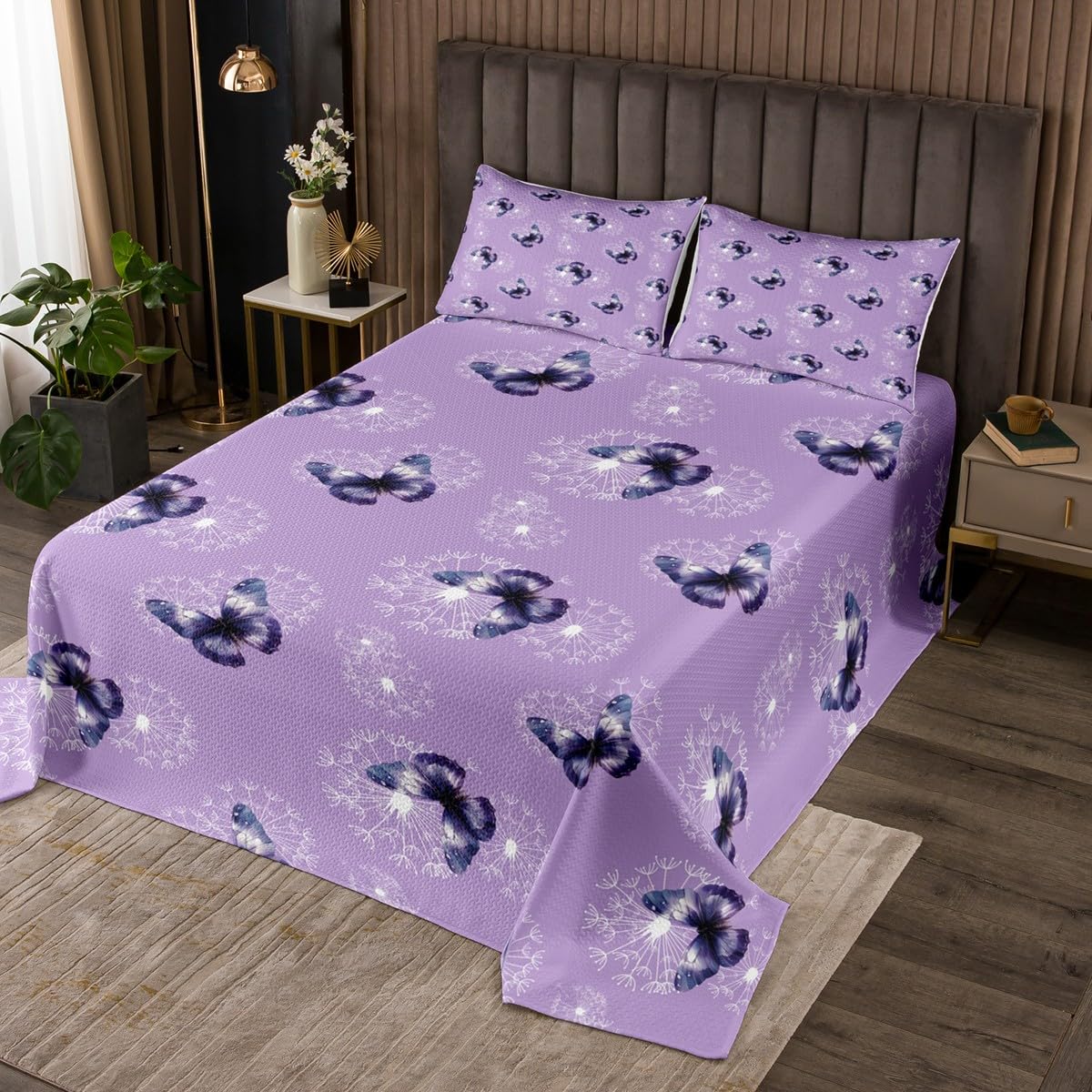 Butterflies Lightweight Quilt Set for Kids Teens,White Dandelion Print Bedspread Coverlet,Garden Flowers Bedding Set Decorative Quilted 3 Pieces with 2 Pillowcases,Queen Size