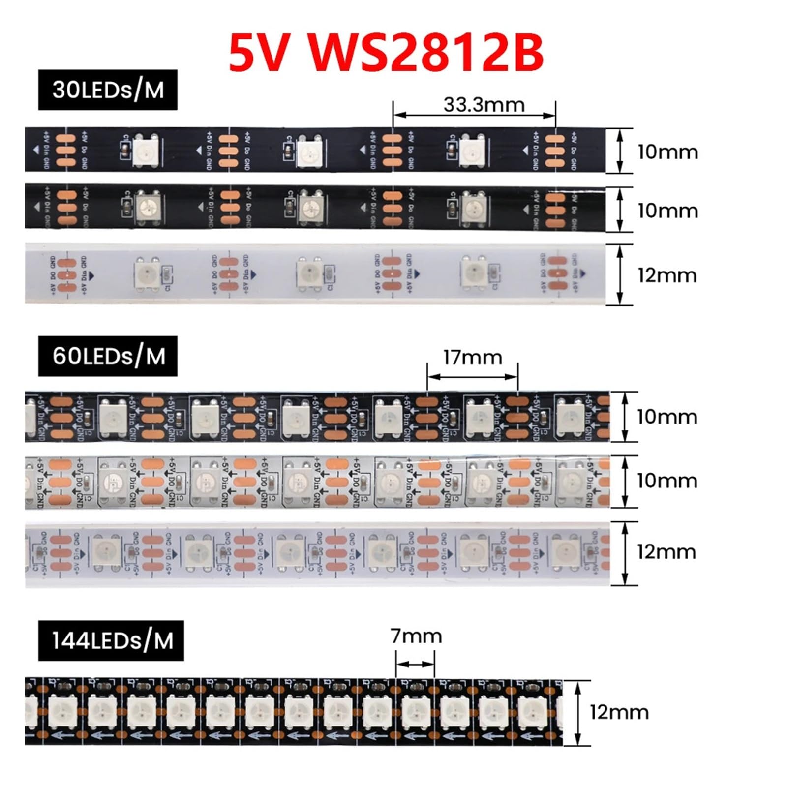 Tira de LED RGB 5050 DC5V DC12V Cinta de iluminación inteligente IC incorporada 30 60 144 LED por metro(Black PCB,5V WS2813_5M 30 IP30)