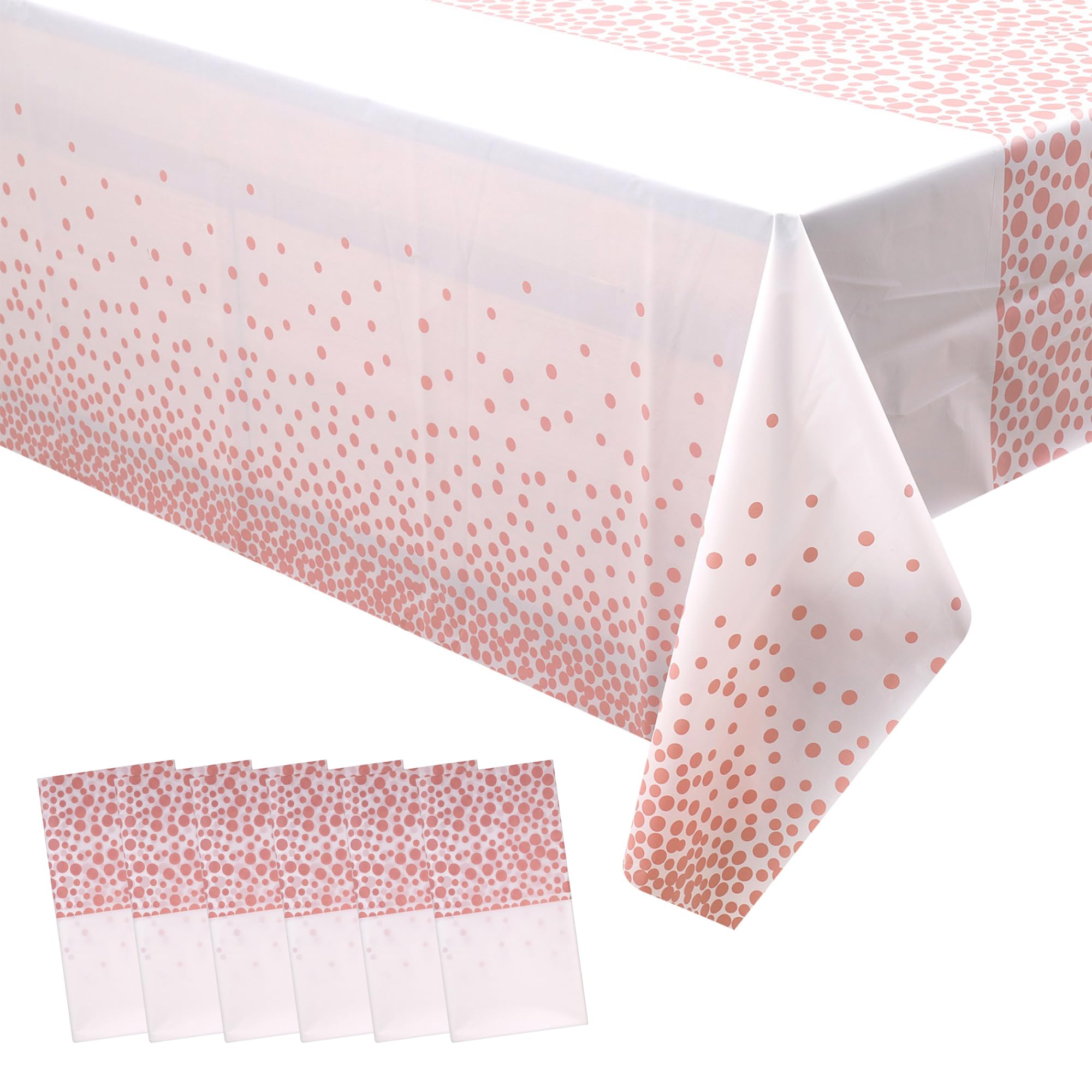 Trimming Shop 54" X 108" Polka Dots Disposable Plastic Table Cover - Waterproof Rectangular Dining Table Liner, Wipe Clean Kitchen Tablecloth Protector, White With Rose Gold Polka Dot, Pack of 6 — image 1