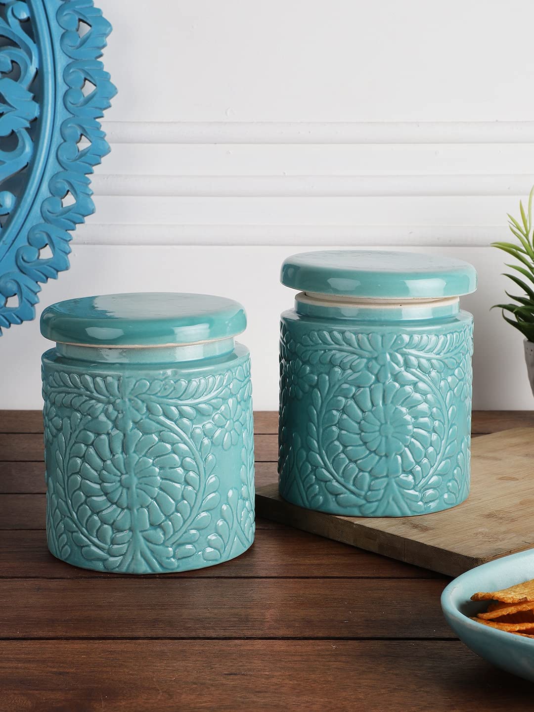 Ceramic Handcrafted Handpainted Multi Utility Storage Jar with Lid 1000 ml | Ceramic Kitchen Canister | Cookie Jar | Pickle Storage Jar | Burni (Pack of 2) (Turquoise)