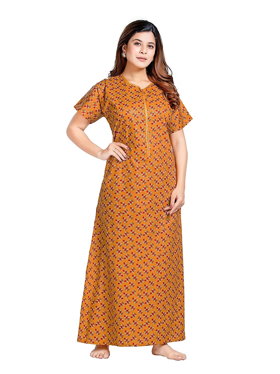 kbnbj Women's Pure Cotton Regular Nighty with Pocket - Free Size(P37) Mustard-picture-22