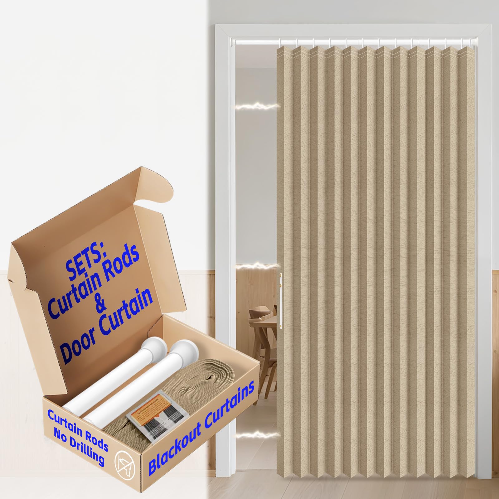 AJAZZ Blackout Door Curtain with Curtain Rods Adjustable 28-52" Long Accordion Door Closet Curtain Invisible for Bedroom Room Living Room Doorway (1 Pack, 52 W x 78 L, Brown)