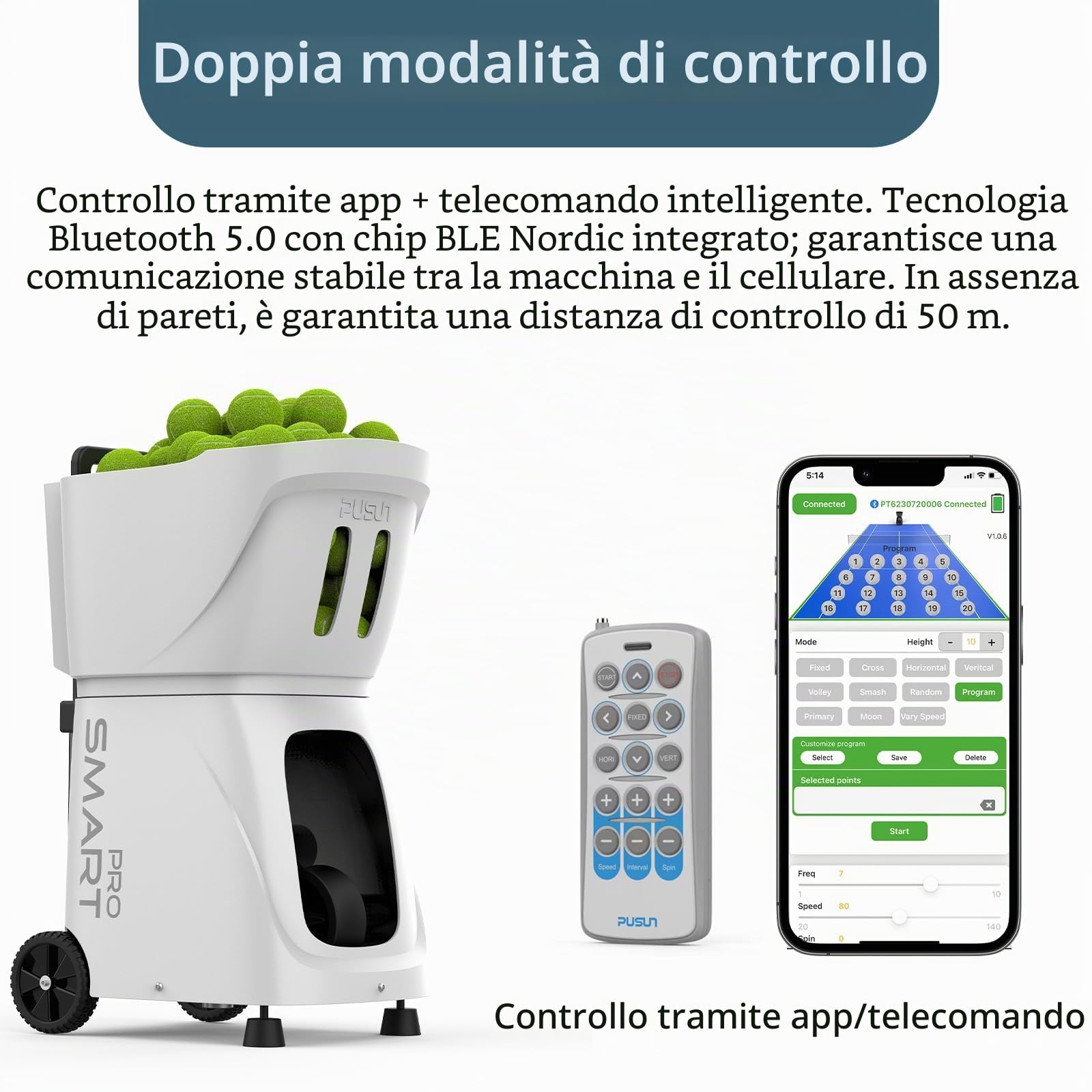 PT-SMARTPro - Macchina per palline da tennis professionale con controllo app, 20 punti di atterraggio e velocità variabile, per allenarsi con sistema multi-angolo (durata 4-6 ore)