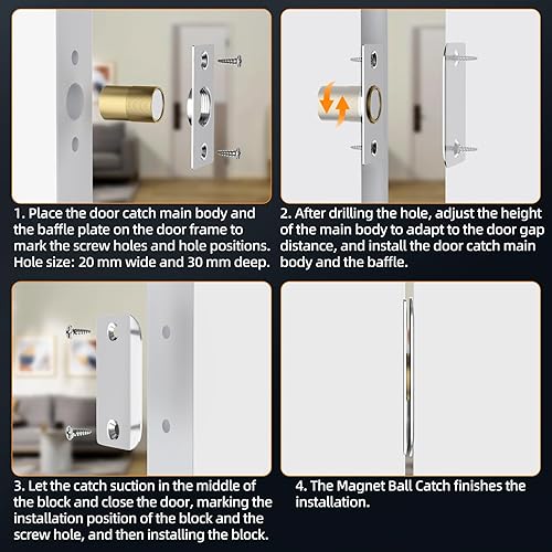 Miniatura 6 de Jiayi - Juego de 2 cierres magnéticos para puerta de armario, paquete de 2 cierres de puerta de bola ajustables, cierre de bola plateada en la parte