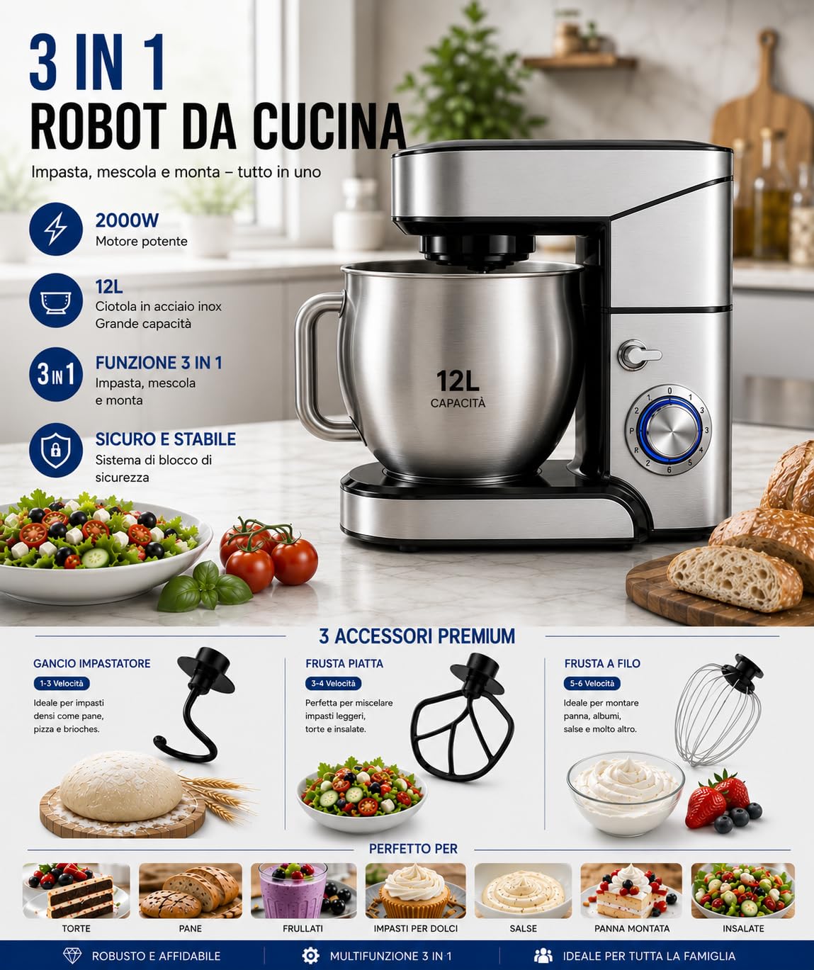 Royal Swiss Robot da Cucina 3 in 1 12L 2000W con Tritacarne e Frullatore in Vetro 1,5L, Impastatrice Planetaria, 6 Velocità, Ciotola in Acciaio Inox XXL, Argento