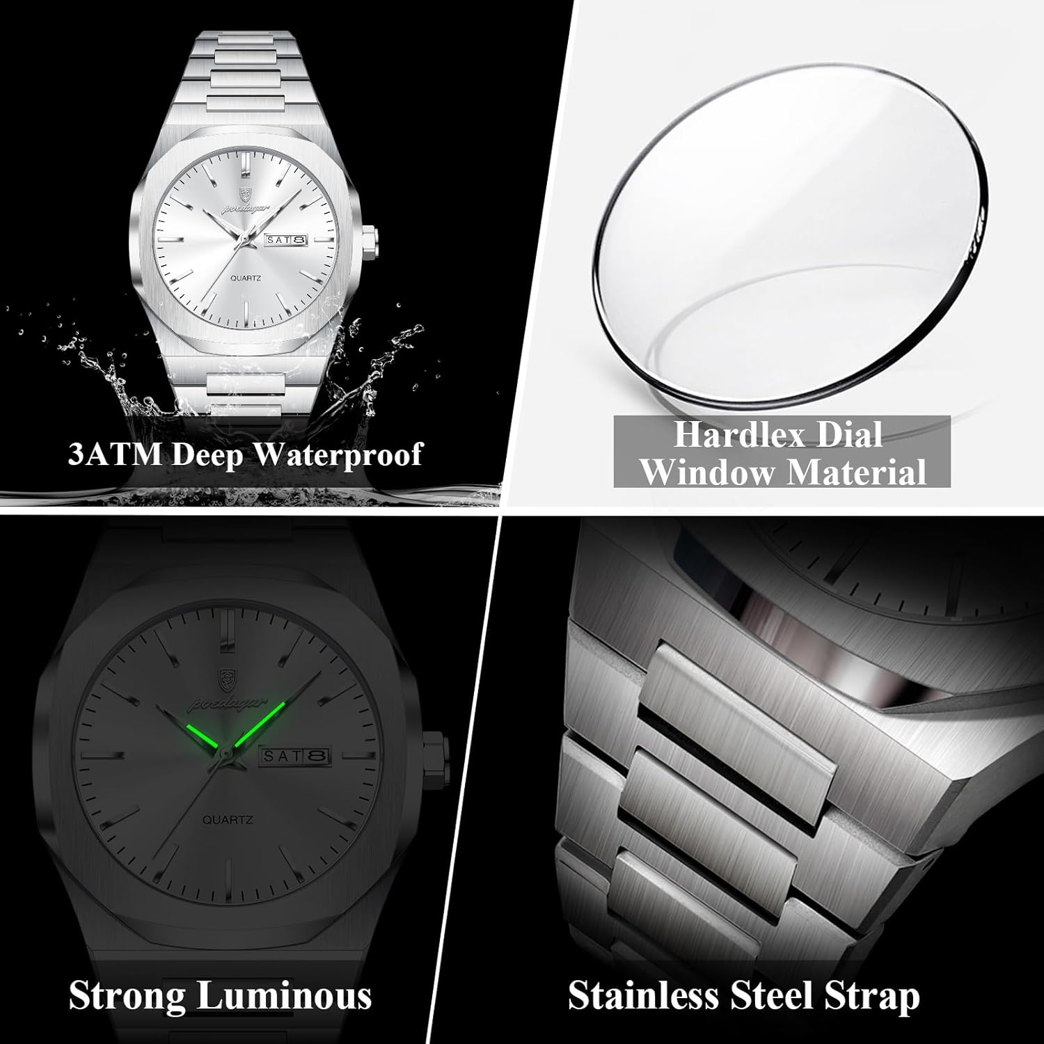 Poedagar Fashion Man Wristwatch Waterproof Luminous Stainless Steel Men Clock Date Week Casual Quartz Men's Watches
