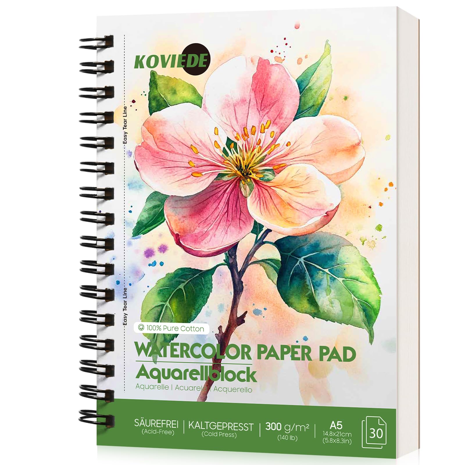 KOVIEDE 100% Cotton Watercolour Paper Pad A5-30 Sheets Spiral Bound, 300 g/m² Cold Press Watercolour Sketchbook, Artist Quality Art Journal Supplies for Adults, Green