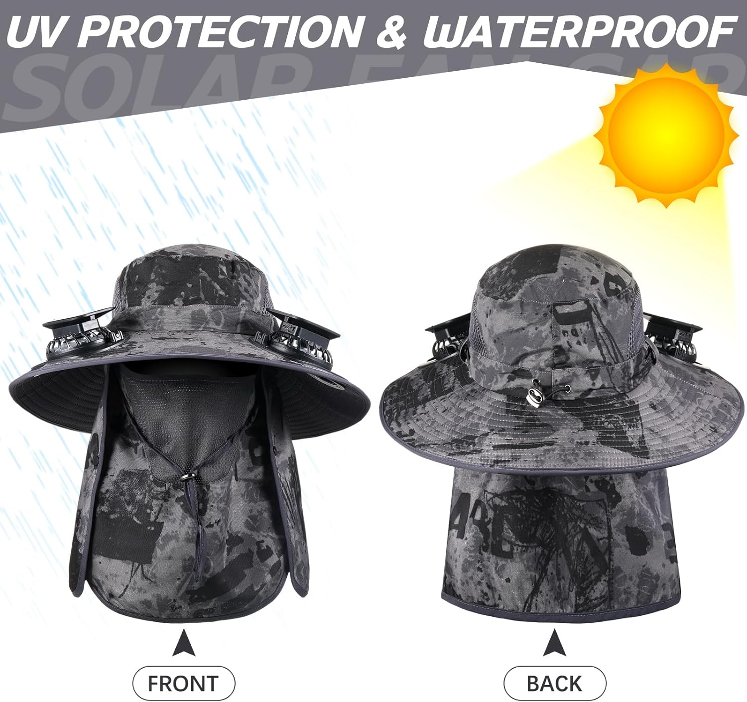 2 Pcs Solar Fan Hats Wide Brim Fishing Hats with 2 Solar Fan and Removable Face Cover Cooling Buckets for Men Women