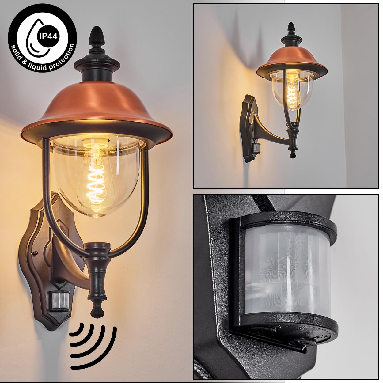 HOFSTEIN Außenwandleuchte Gascon, Außenwandlampe mit Bewegungsmelder aus Metall/Kunststoff in Schwarz/Kupfer/Klar, Wandleuchte außen im Vintage/Antik/Landhaus-Design, Garten, Hof, Haustür, E27, IP44