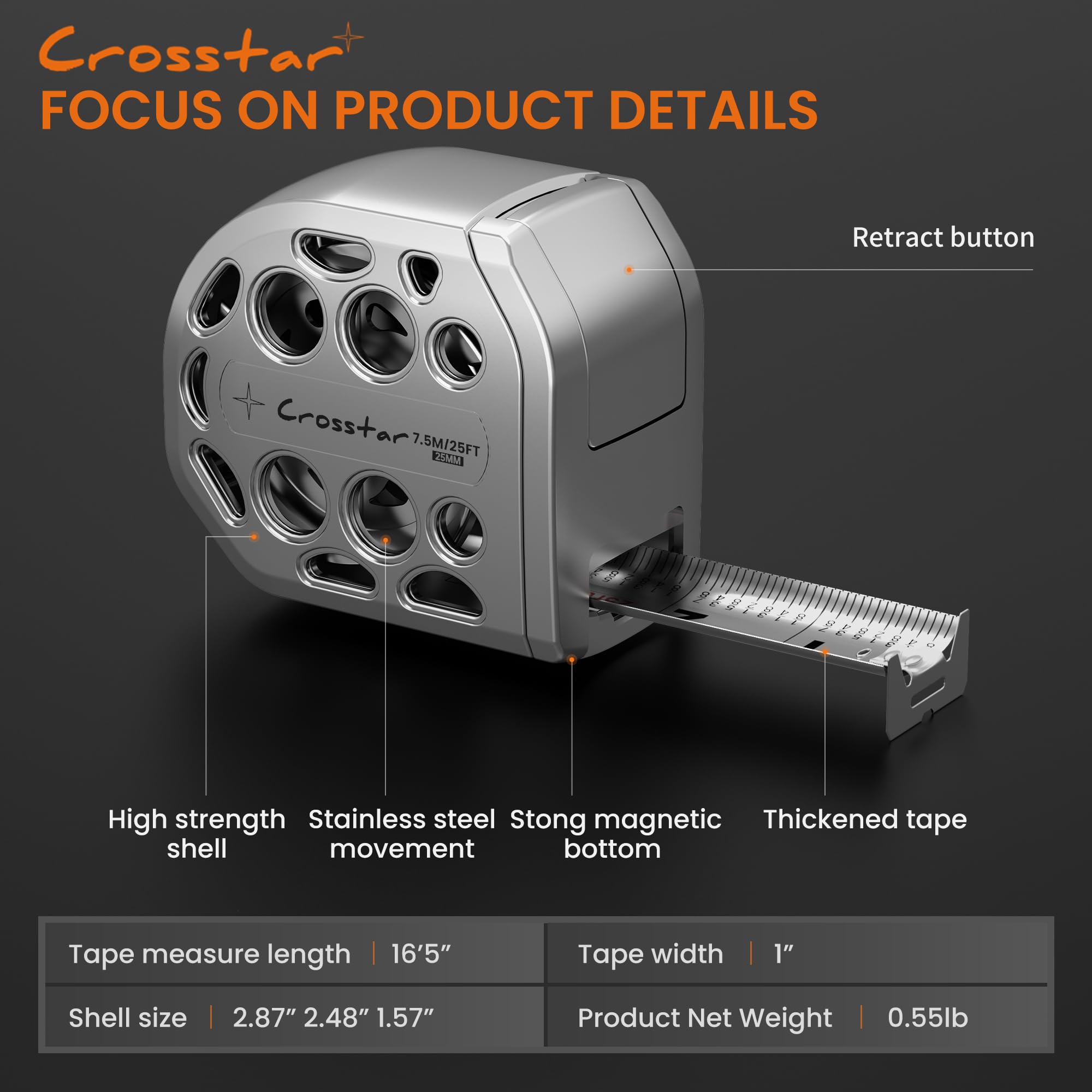 Crosstar Cinta métrica de acero inoxidable autoblocante de 16 pies con graduaciones de doble cara, cinta métrica retráctil impermeable, diseño hueco duradero, construcción fácil de limpiar para