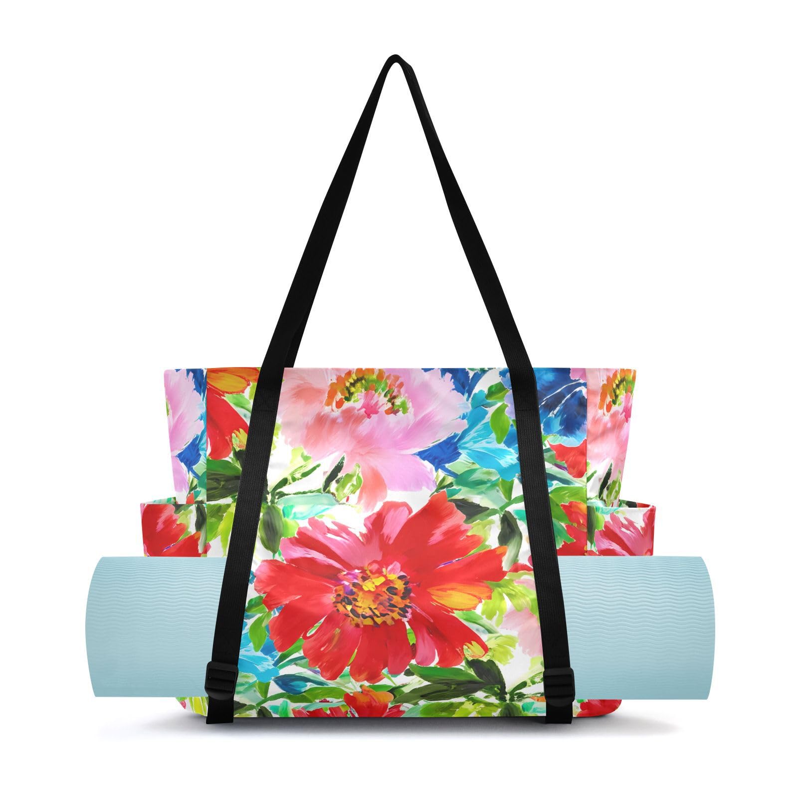 Lxqimora White Flowers Colorful Yoga Mat Bag for Women Water-Resistant Gym Bag with Yoga Mat Holder Tote Bag for Pilates Gym Yoga Travel