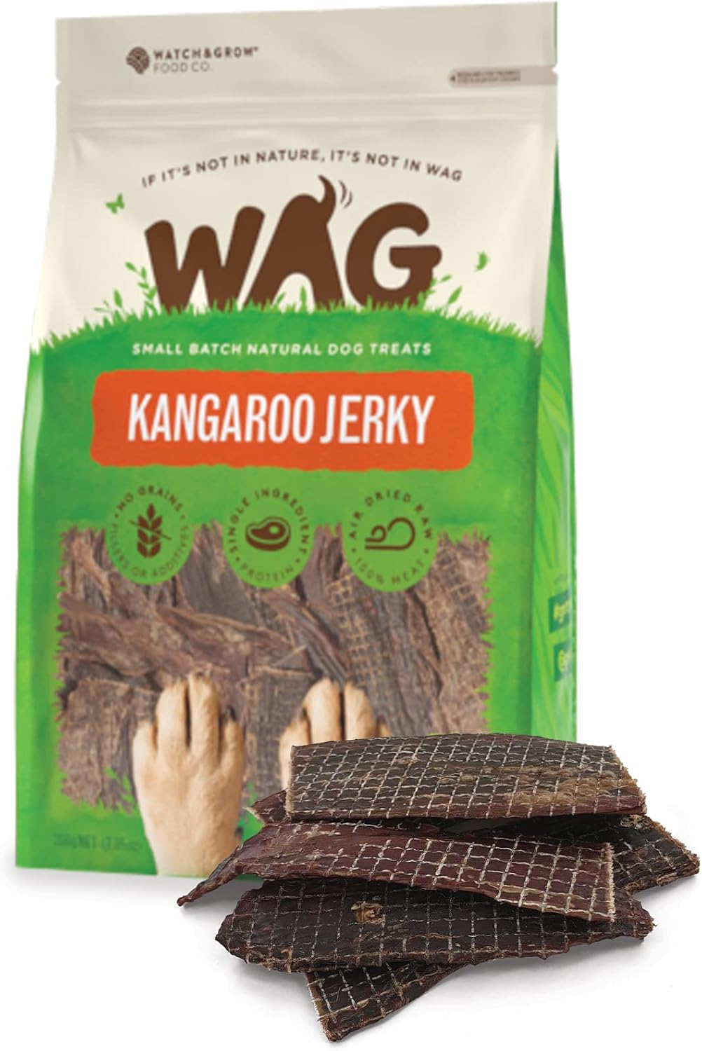 WATCH&GROW FOOD CO. Kangaroo Jerky 200g/7oz, Grain Free Hypoallergenic Natural Australian Made Dog Treat Chew, Breeds