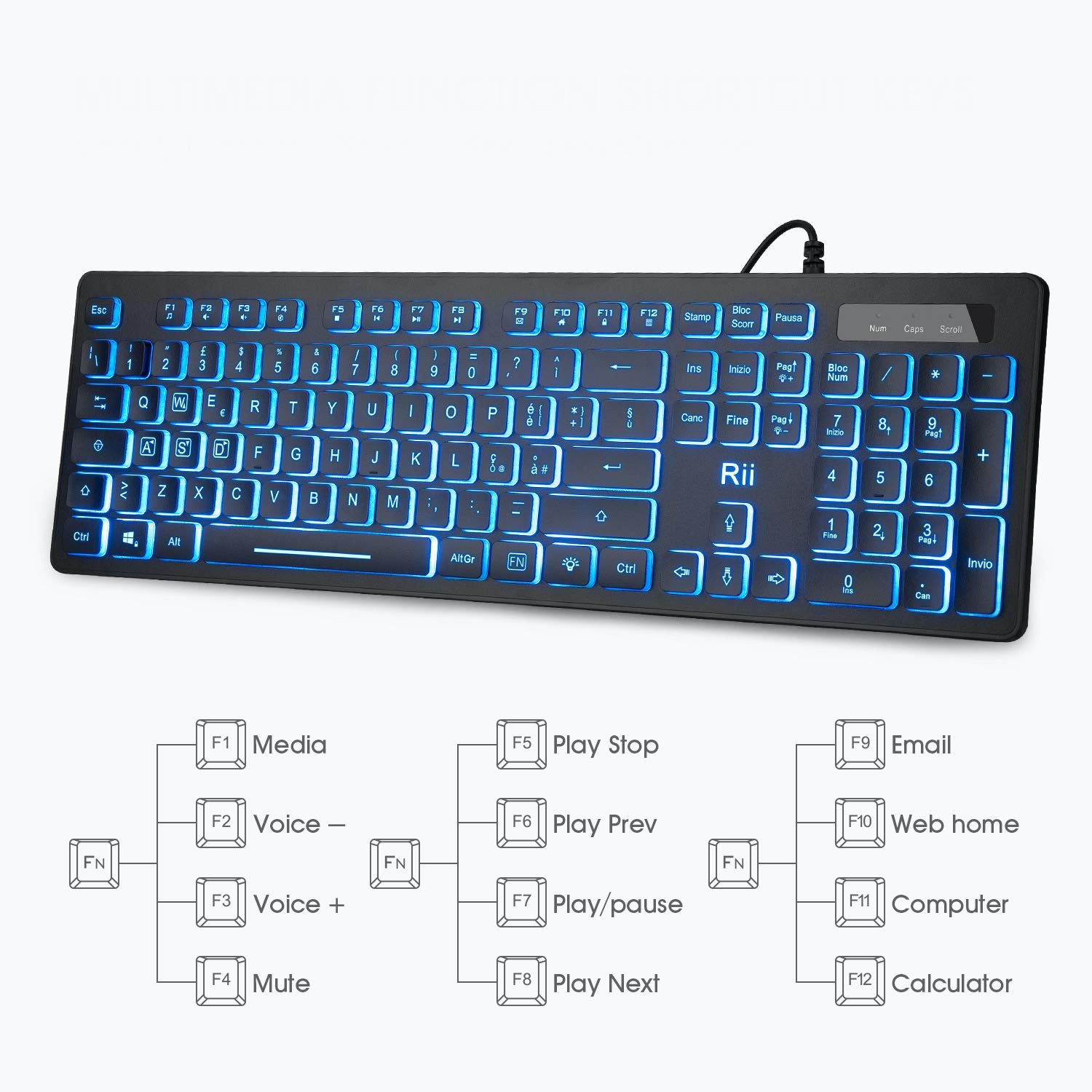 Rii - Gaming Rk400 (layout Italiano) Set Tastiera E Mouse Da Gioco Retroilluminati A Led 7 Colori, 2000 Dpi