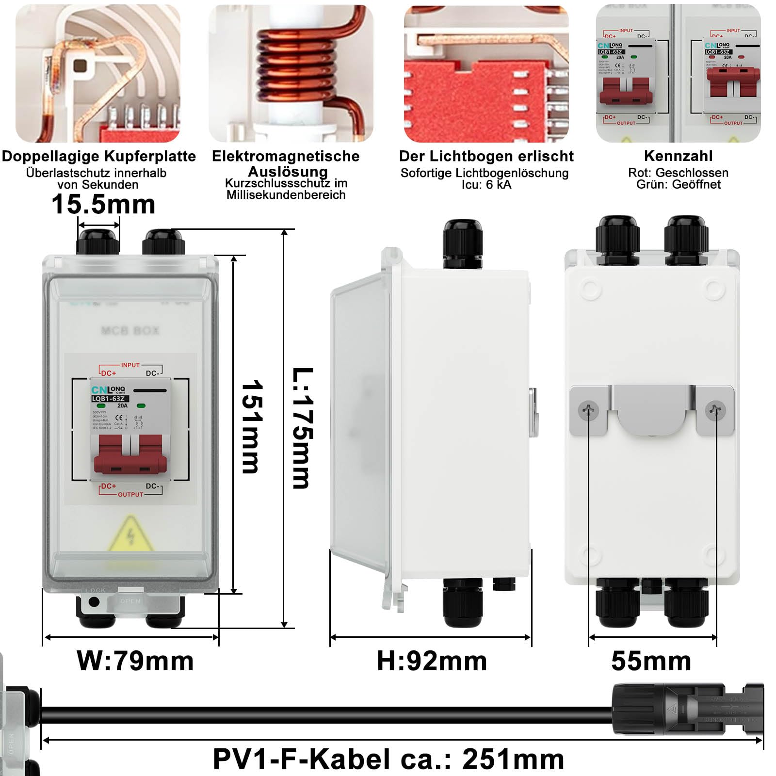 CNLONQ DC Trennschalter PV Anlage 20A 500V Sicherungsautomat 2polig IP66 Wasserdicht mit Solar Kabel und Metallhaken für Solarmodule, Einspeisesteckdose und Balkonkraftwerk