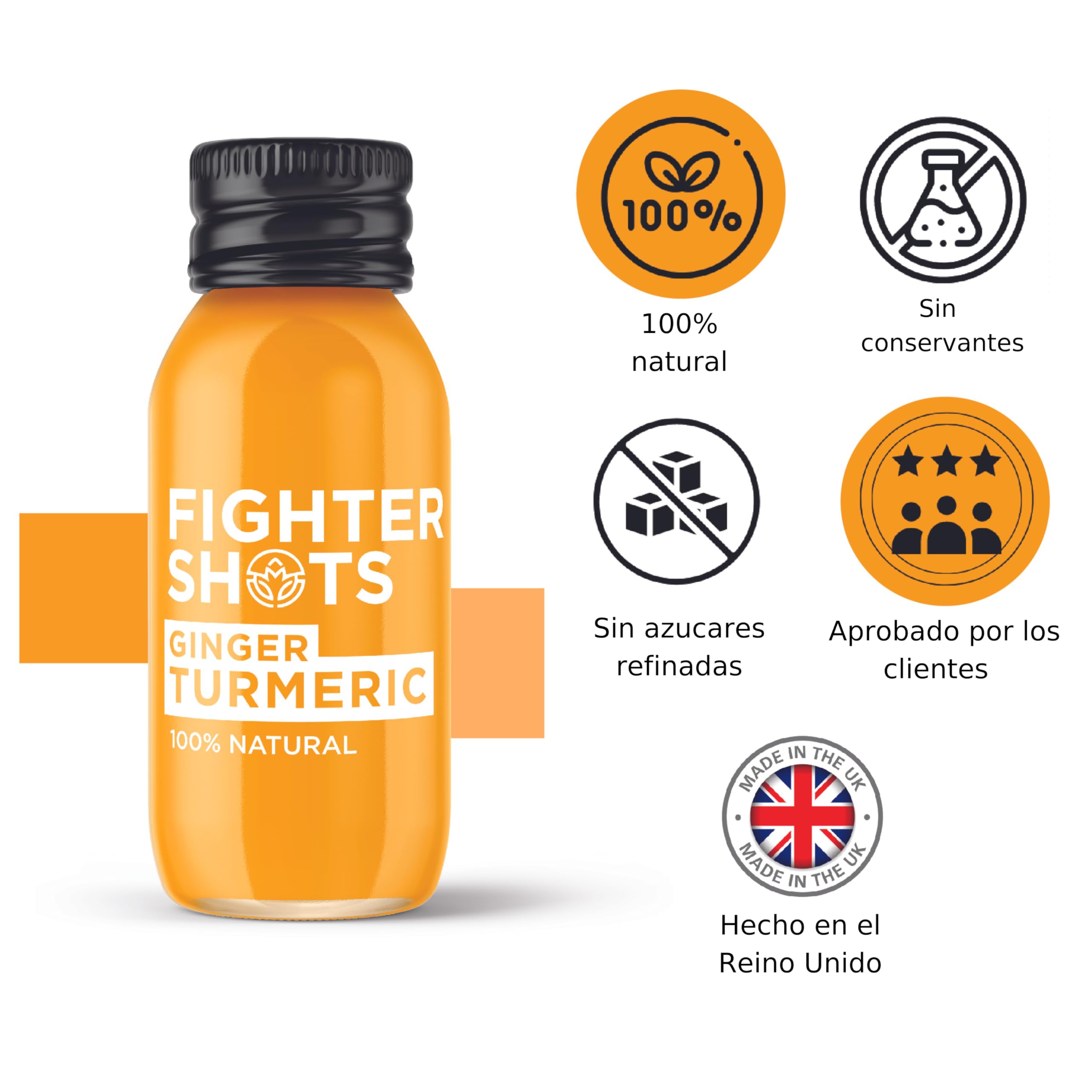 Fighter Shots de Jengibre Cúrcuma (12x60ml) | Reduce la Hinchazón | Fortalece el Sistema Inmunológico | 100% Natural | Sin Conservantes | Shots De Cúrcuma Fresco e Intenso