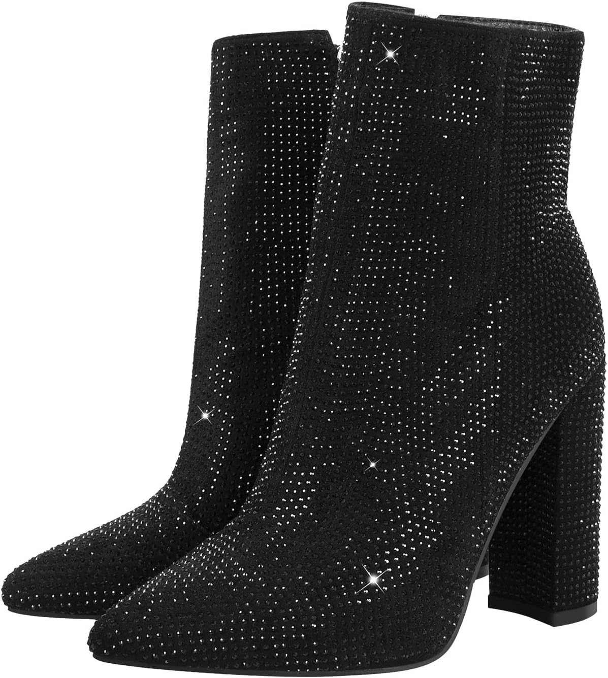 Richealnana Women's Rhinestones Block Heel Long Boots Pointed Toe Knee High Booties For Party Prom
