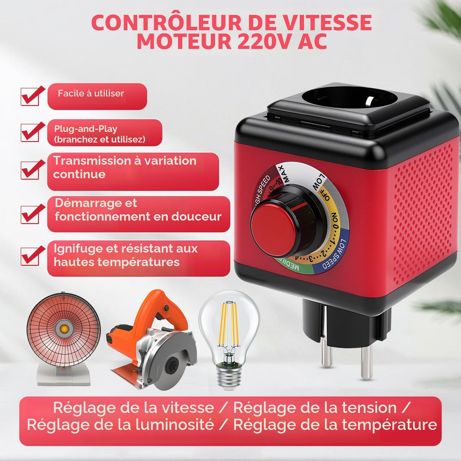 Variateur de Vitesse pour Moteur 220V, Régulateur de Tension 220V 2000W (charge résistive) 600W (charge inductive) 10A Convtrôleur de Vitesse Continu pour Meuleuse d'angle/Souffleur/Ventilateur