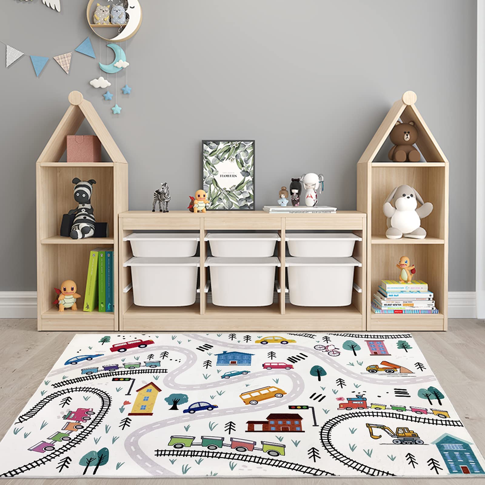 Lacomfy Kids Carpet Play Mat 4x6Ft Cute Car Rug for Boys Girls Town Throw Rug for Playroom Road Map Educational Area Rug for Kids Bedroom Classroom, Indoor Outdoor Decor, White