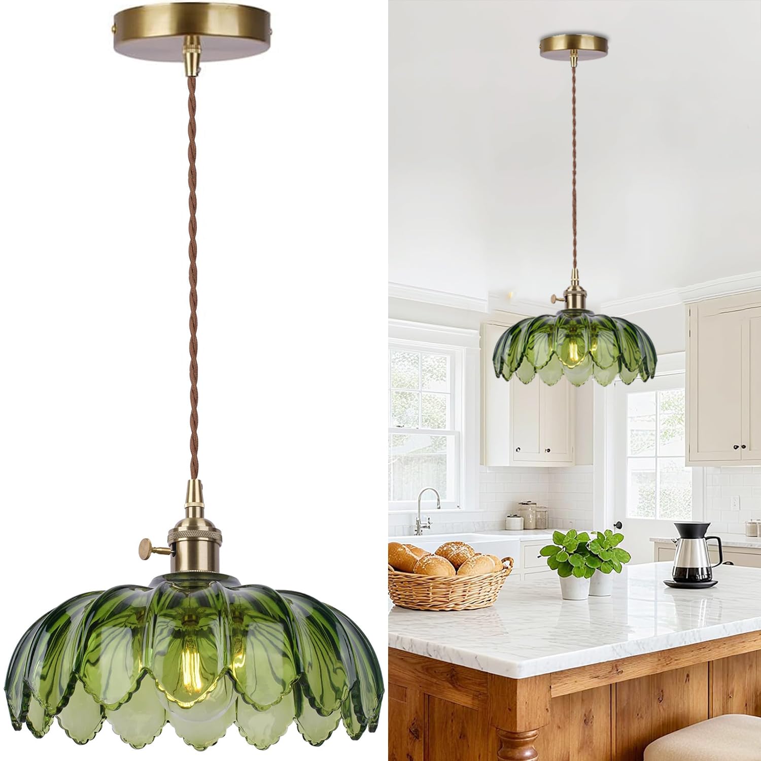 Lámpara Colgante de Techo Cristal Verde, Lámpara Techo Vintage E27, Ø26cm | Pantalla Floral, Lámpara Techo Salón Rústica Ottone, Altura Ajustable 2M, Luz Decorativa para Dormitorio, Comedor y Cocina,