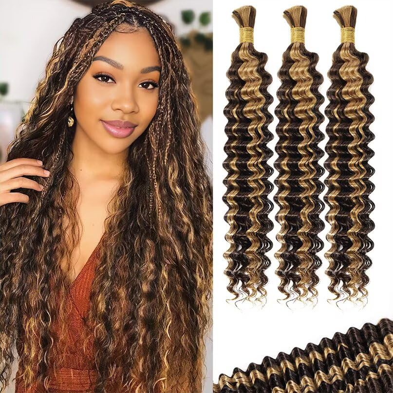 12A P4/27 Ombre Brown Blonde Human Braiding Hair for Boho Braids 3 Bundles 18 Inch 100g Deep Wave Braiding Hair for Bohemian Knotless Braids 100% Unprocessed Virgin Bulk Hair Extensions No Weft
