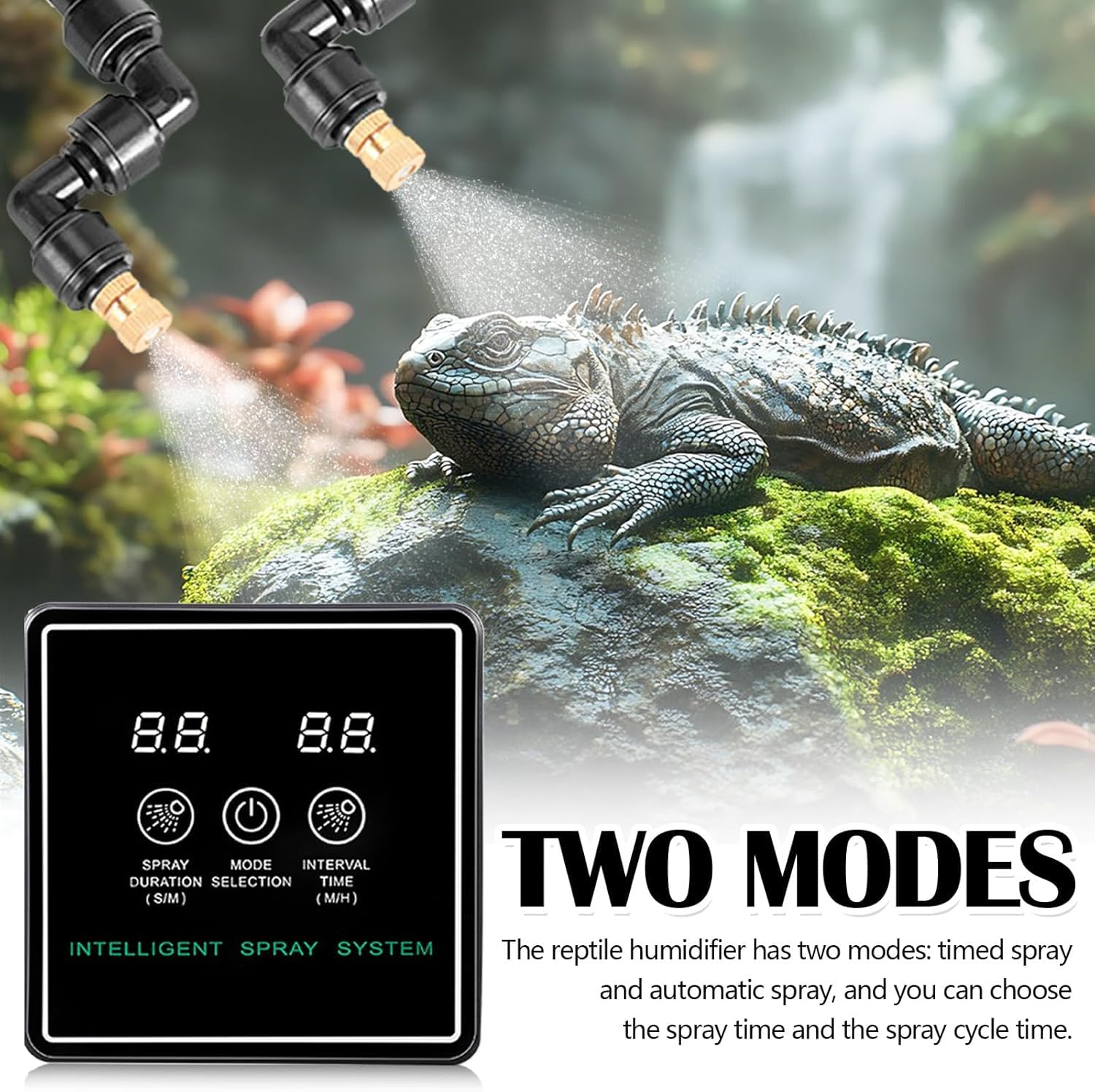 Inteligente Humidificador de Reptiles, Sistema de pulverización Reptile Fogger Humidificador con temporizador automático Boquillas de nebulización ajustables en 360 grados para terrarios