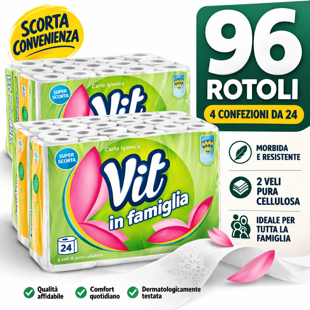 ISALP SHOP - Vit In Famiglia | Carta igienica 96 rotoli x 100 strappi, 2 veli super compatto | Super scorta per super risparmio | Carta 100% certificata FSC®
