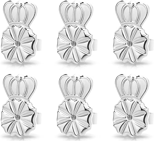 Miniatura 12 de 3 pares de aretes de corona ajustables para orejas caídas, aretes pesados, chapados en oro de 18 quilates, hipoalergénicos, aretes seguros (blanco +