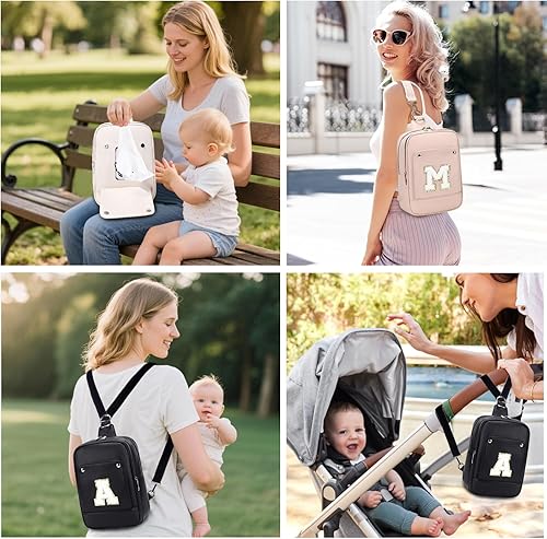 Miniatura 7 de MYHOZEE Bolsa de pañales pequeña con inicial para mujer, con dispensador de toallitas, mini mochila para pañales para mamá, bolso bandolera,