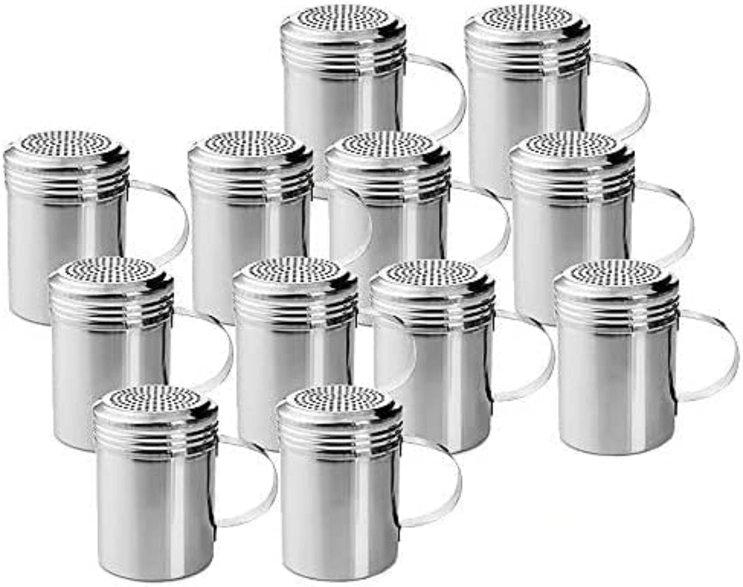 TrueCraftware- Set of 12 Stainless Steel Dredge Shakers with Handle 10 Ounce Spice Shaker Cheese Shakers Chili Flakes Powder Shaker Sugar Spice Seasoning Cans for Kitchen Cooking Home Restaurant