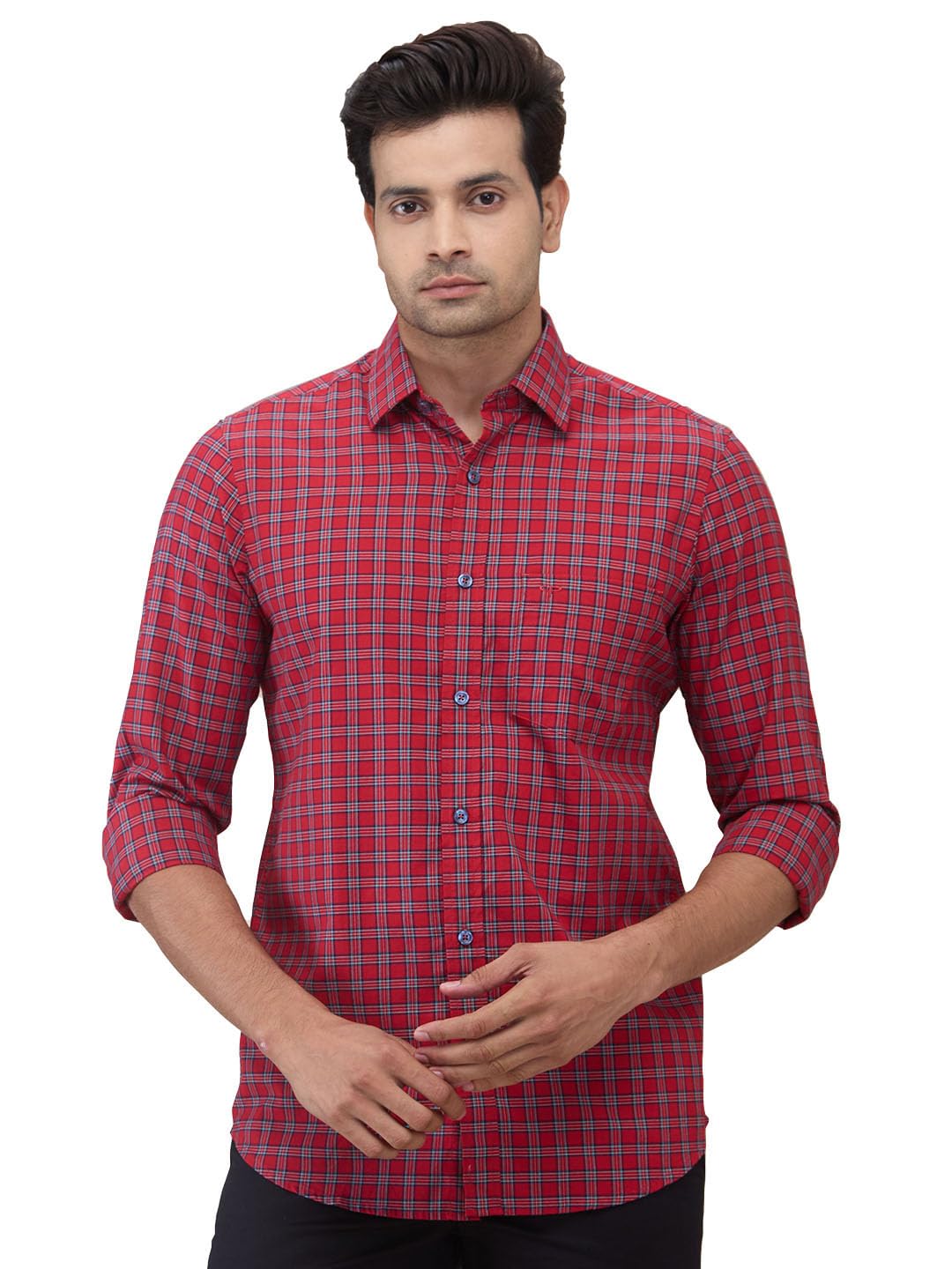 Men Regular Fit Checks Pattern Pure Cotton Plain Collar Full Sleeve Casual Shirt-image-34