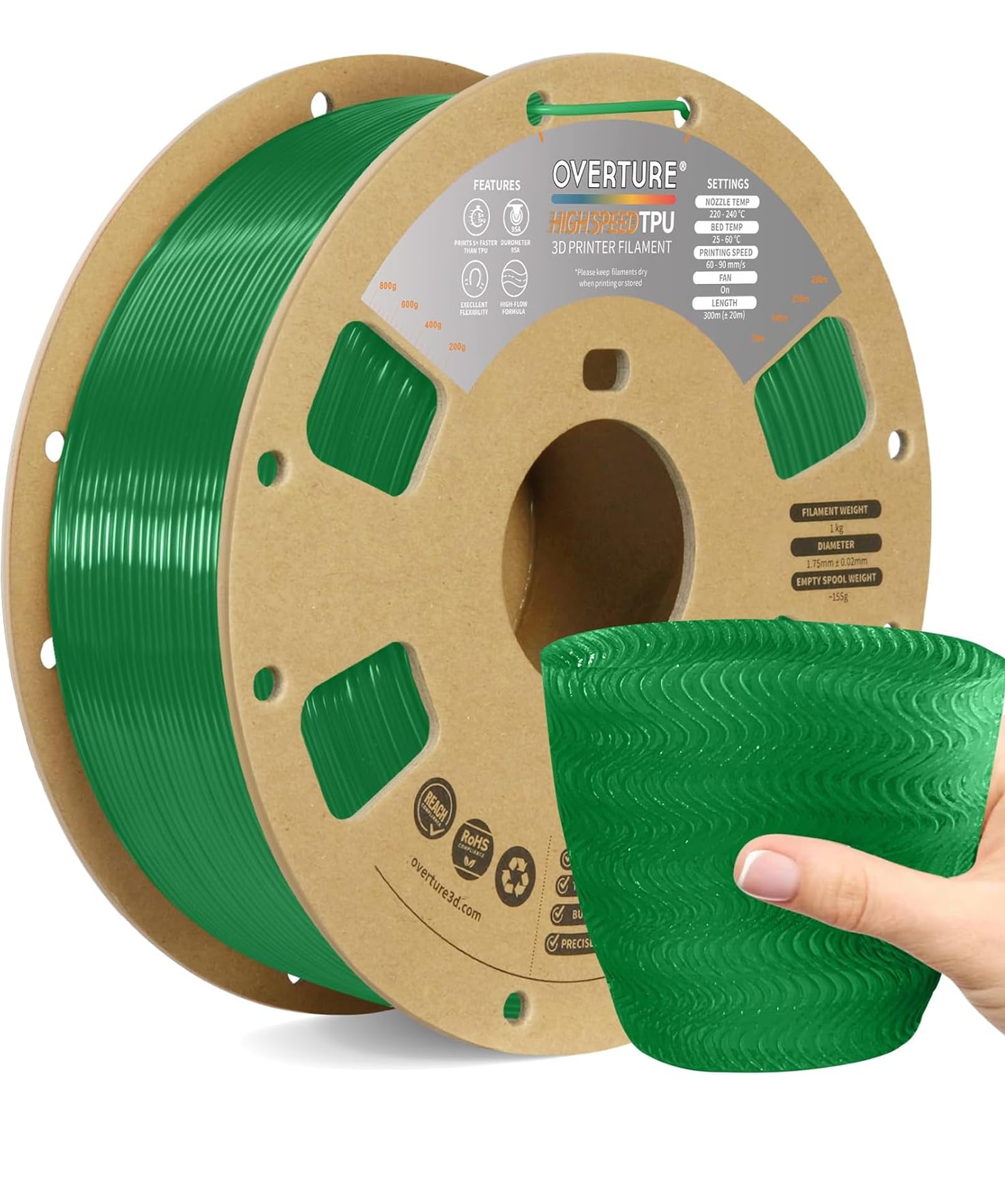 OVERTURE Filamento TPU High Speed 1kg(2.2lbs), 1.75mm Flessibile HS TPU Filamento per Stampante 3D, 1kg Bobina(2.2lbs), Precisione Dimensionale +/- 0.03 mm, per Stampante 3D (HS Translucent Verde)