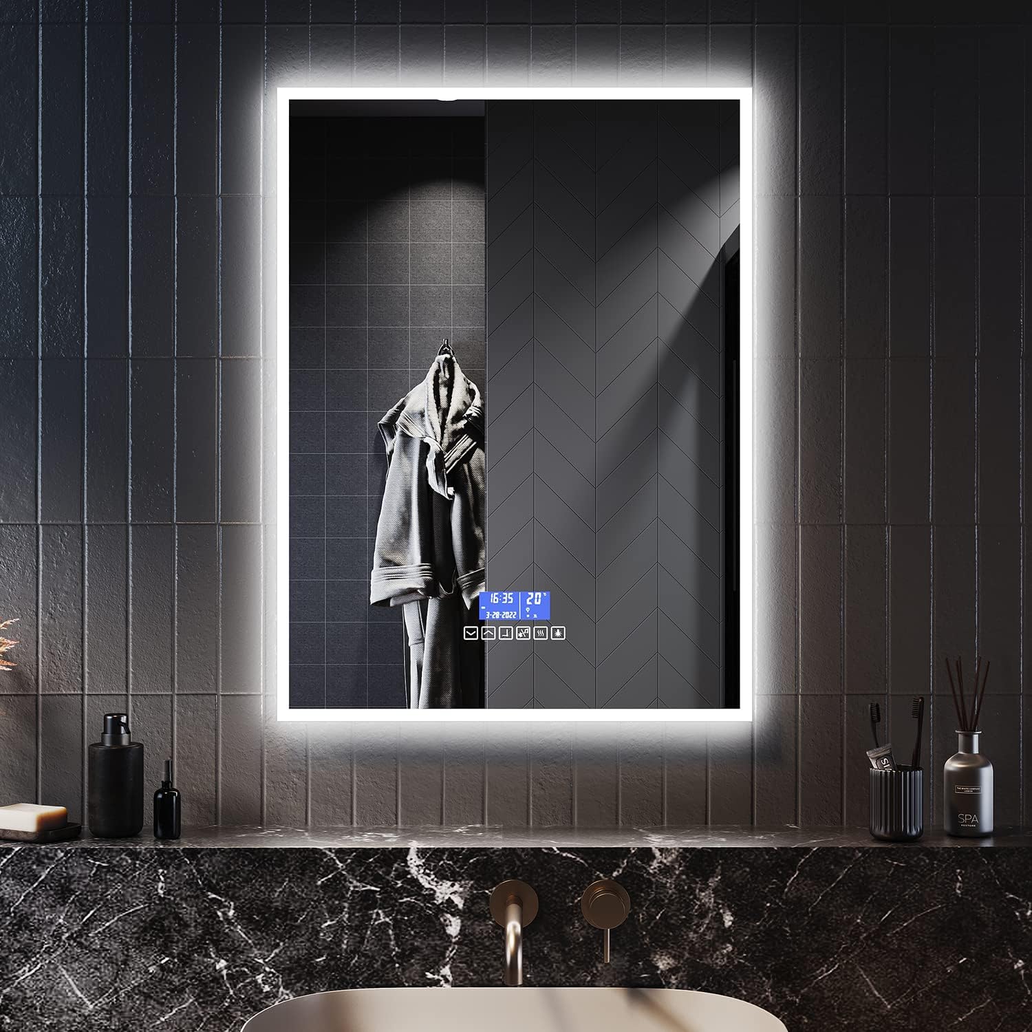โ ELEGANT 800x600mm Bluetooth Bathroom Mirror with Shaver Socket, Backlit Illuminated Wall Mounted Vanity Mirror with Demister Pad, Dimmable Touch Switch Control Smart LED Bathroom Light Mirror