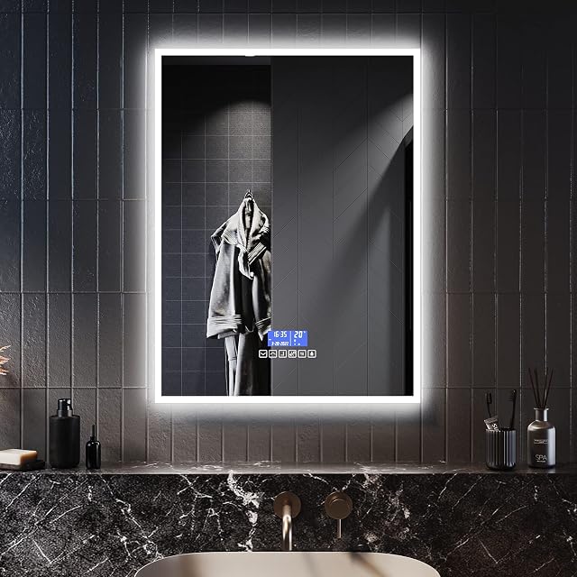 ELEGANT 800x600mm Bluetooth Bathroom Mirror with Shaver Socket, Backlit Illuminated Wall Mounted Vanity Mirror with Demister Pad, Dimmable Touch Switch Control Smart LED Bathroom Light Mirror