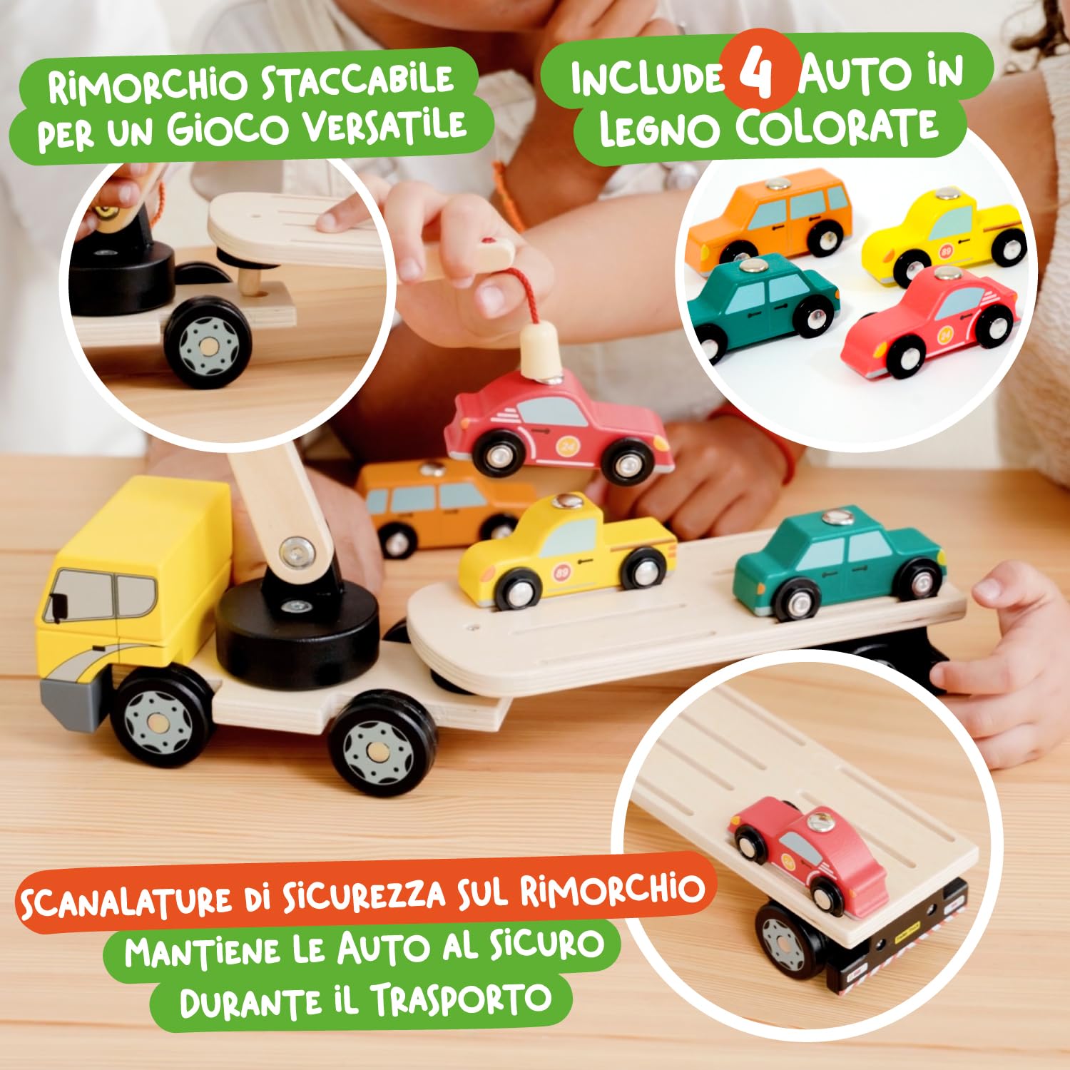 Nene Toys Camion Magnetico in Legno con 4 Auto e Rimorchio Staccabile – Giocattolo per Bambini 2+ Anni con Gru Interattiva – Gioco Educativo e Creativo – Macchinine e Veicoli Maschi Femmine 2 3 4 Anni