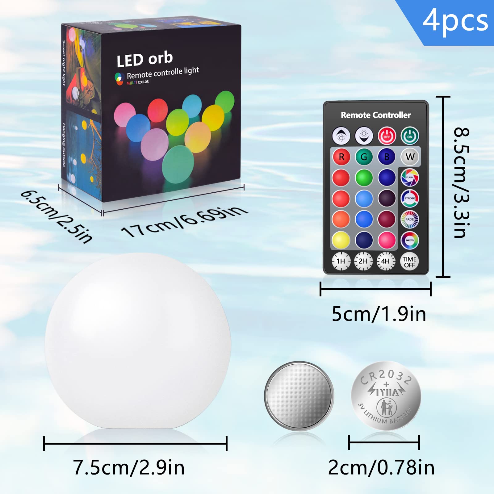 4-Inch LED Floating Pool Light – 16 RGBW Colors, Rechargeable, Waterproof Orb With Remote Control For Pools, Hot Tubs, & Decor