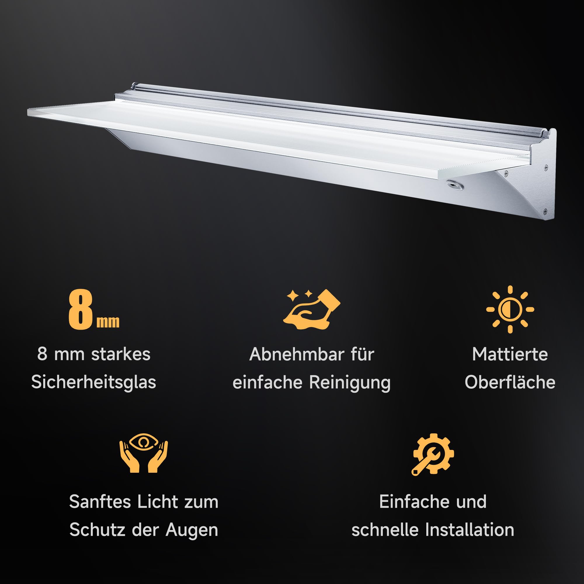 SONNI Regał ścienny LED, 80 cm, ze sterowaniem czujnikiem, 3 temperatury barwowe, bezstopniowe ściemnianie, 8 mm, hartowane szkło matowe i aluminium, do łazienki, sypialni, salonu