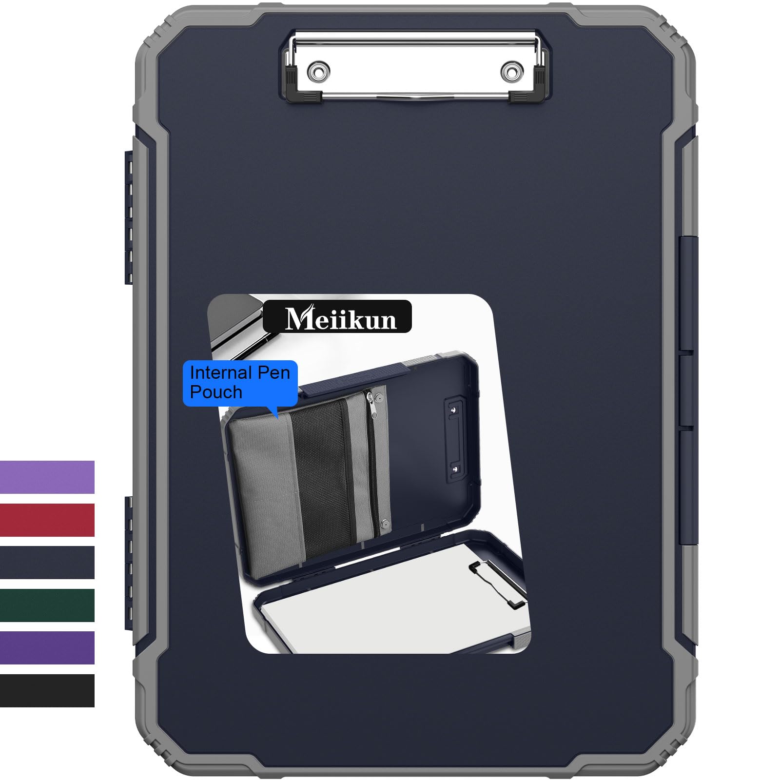 Meiikun Clipboard with Storage, Rugged Shockproof Protective, Internal Pen Pouch & Metal Clip, Heavy Duty Plastic Clip Boards 8.5x11, High Capacity Contractor Folder for School Office (Navy)